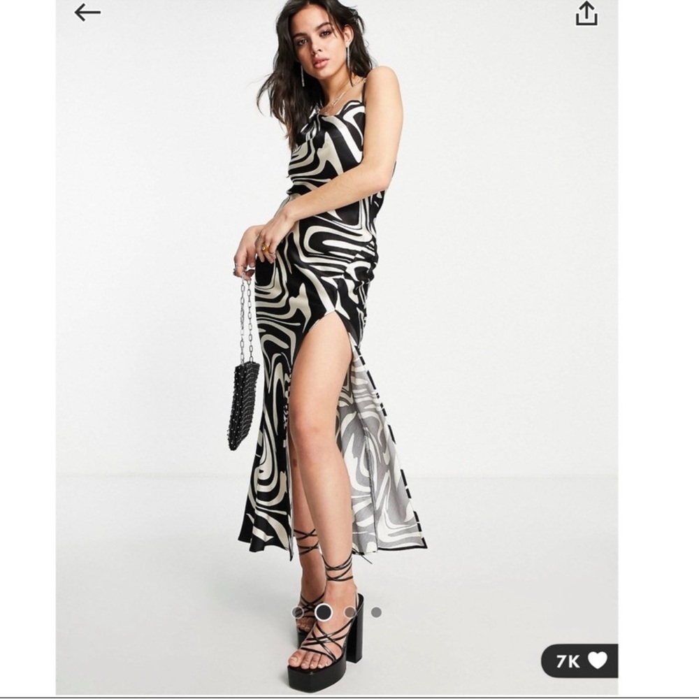 Topshop Abstract Print Satin Midi Dress | Asymmetric Strap Side Slit | Size US 4